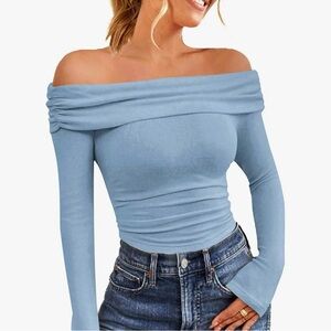 HOTOUCH Women's Off Shoulder Long Sleeve Slim Fit Blouse Light Blue Medium NWT